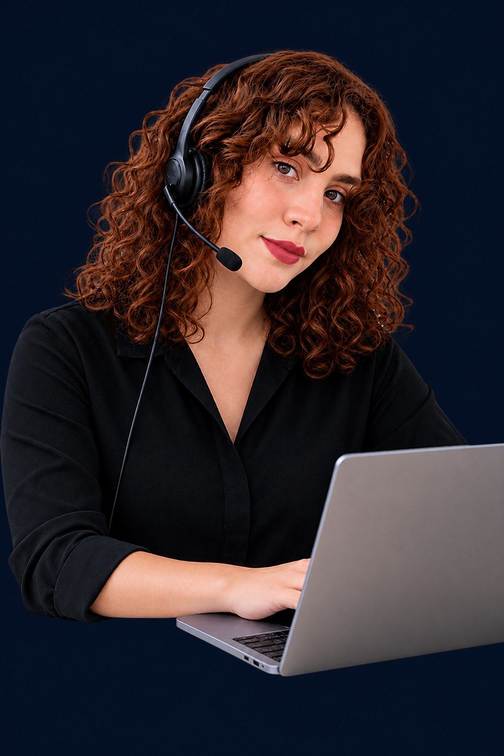 A Dealers in Drive teammate on a headset at a laptop