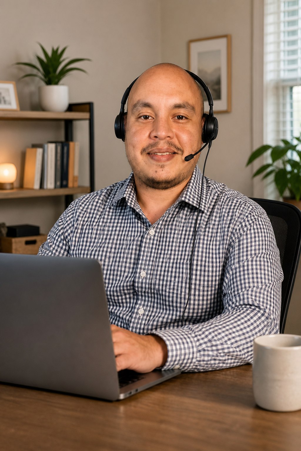 A Dealers in Drive virtual assistant on a headset at a laptop