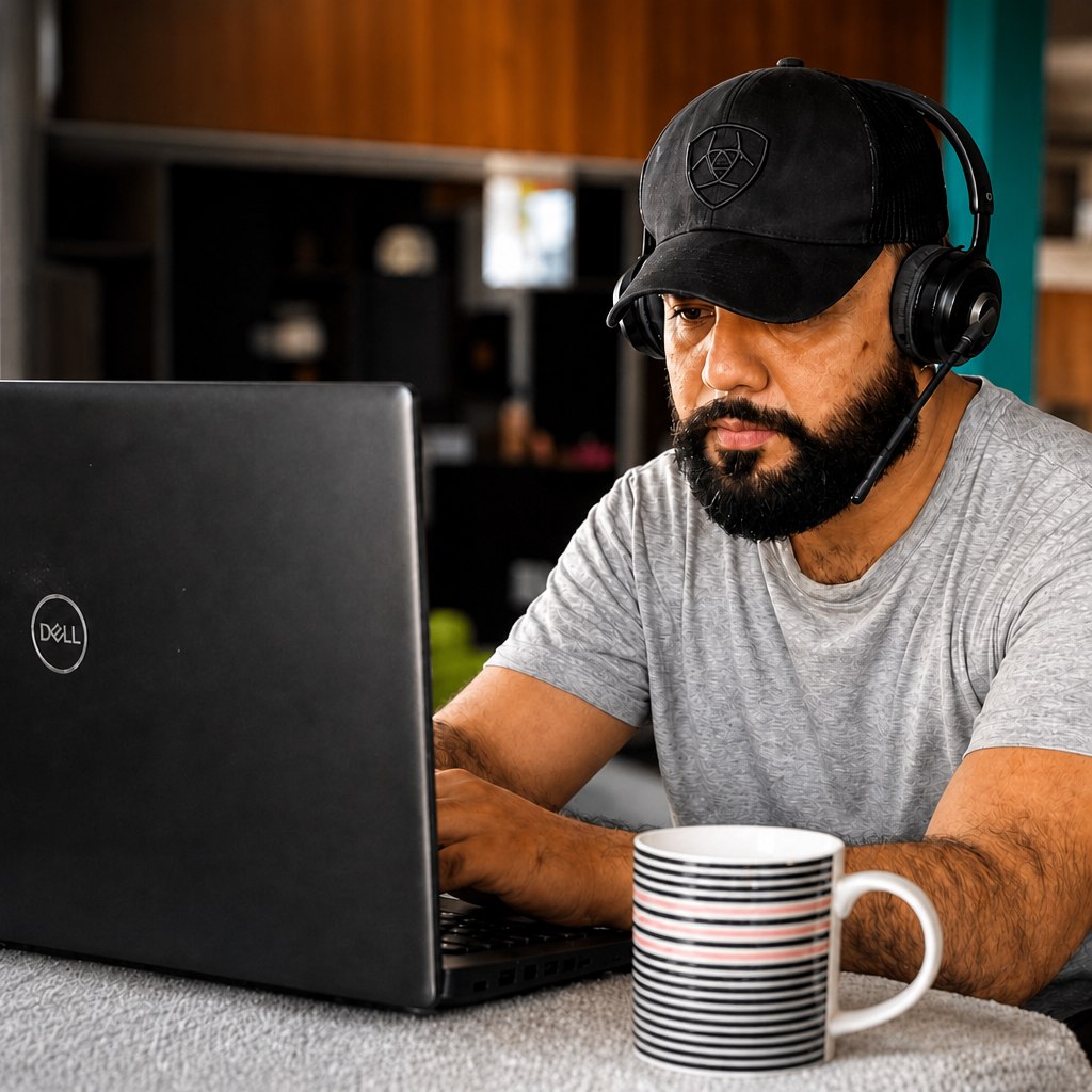 A Dealers in Drive repair service agent on a headset at a laptop